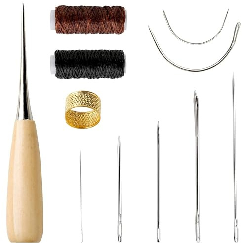 HRLORK 11 Pcs Curved Upholstery Leather Needles Hand Sewing Kit with Leather Waxed Thread Cord Drilling Awl and Thimble for Repair and DIY Crafts