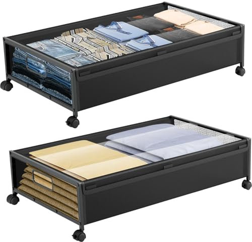 Duscdesp 2 Pack Under Bed Storage on Wheels,80cm Under Bed Storage Box with Lid and Wheels Metal Underbed Storage Boxes with Lids Large Clothes Storage Box for Clothes Shoes Toys Blankets