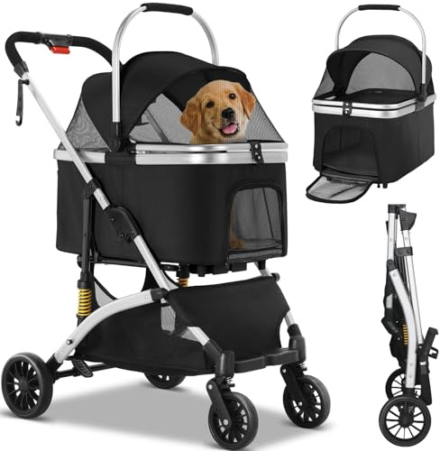 MAMIZO Carro para Perros 3 en 1,Cochecito Plegable con Cesta de Almacenamiento,Ventanas de Malla y Soporte para Bebidas,para Perros y Gatos,hasta 20 kg,4 Ruedas Giratorias 360°,Negro Plata