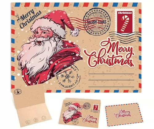 Anguxer Tarjetas Navidad con Sobres Kraft – Set de 15 Tarjetas Navideñas Vintage con Papá Noel, Postales A6 para Felicitaciones y Saludos de Navidad a Familia, Niños y Amigos