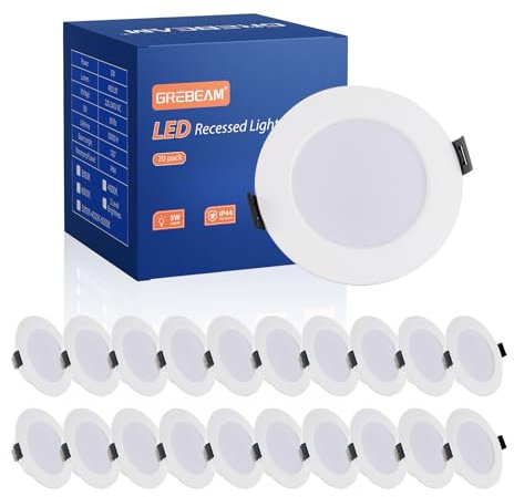 Grebeam 20 Pack LED Downlights for Ceiling 5W, 4000K Natural White, 450LM, IP44, LED Recessed Ceiling Lights, Cutout Ø75mm-90mm, Ultra Slim 25mm, 230V, Spot Lights Ceiling for Bathroom, Kitchen