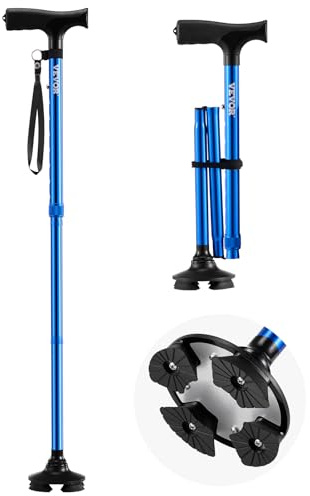 VEVOR Canne de Marche Pliable Hauteur Réglable 8 Niveaux avec Base Pivotante 4 Pieds, Aide à la Marche Légère Portable Aluminium, Charge 113 kg, pour Personnes Âgées, Adultes, Hommes, Femmes, Bleu