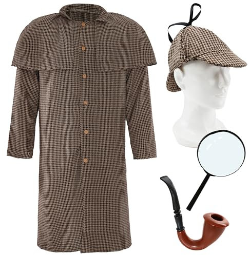 Detektiv-Kostüm für Erwachsene, mit Lupe und Pfeife, Standardgröße, brauner Deerstalkerhut mit passendem Mantel, Kunststoff-Rauchpfeife und Lupe, perfekt für den Welttag des Buches