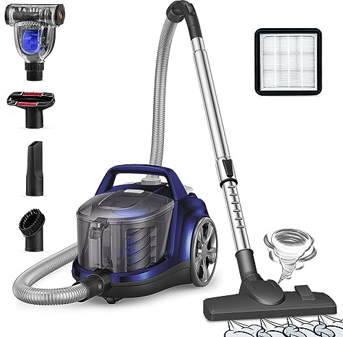 Aspiron Canister Vacuum Cleaner, Lightweight Bagless Vacuum Cleaner, 3.7QT Large Dust Cup, Automatic Cord Rewind, 5 Tools, HEPA Filter, Variable Speed Portable Vacuum for Hard Floors, Pet, Car, Blue