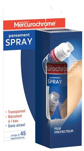 MERCUROCHROME - Medicazione spray - Piccole ferite - Pellicola protettiva trasparente- 45 applicazioni - Resistente all'acqua - Senza alcool - 40 ml - Pronto soccorso