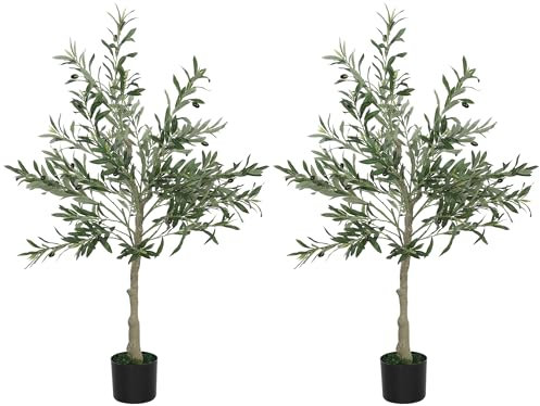 HOMCOM Olivos Artificiales 120 cm Plantas Artificiales Decorativas con Hojas de Seda y 20 Aceitunas Decoración Interior para Hogar Oficina Dormitorio Salón Pack 2