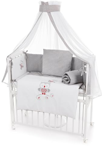 Beistellbett Baby 90x40 cm mit Matratze und Bettwäscheset – höhenverstellbar, absenkbar, mit Rollen – Eulenmotiv Grau – aus Holz – Komplettset