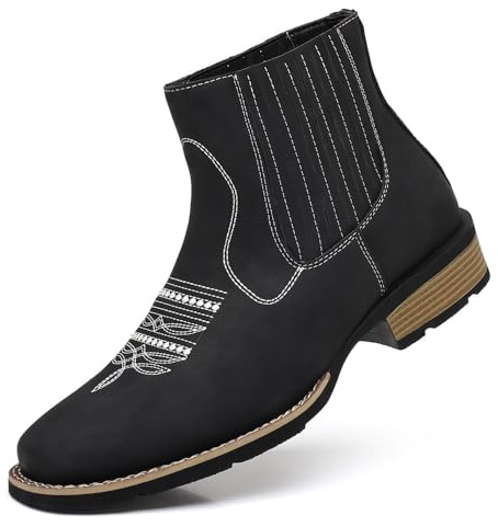 Botas Cowboy Hombre Western de Cuero PU Botines Chelsea Slip-On Punta Redonda Bordadas Retro Clásicas Estilo Ranch Cómodas Duraderas Moda Casual Trabajo,Negro,41 EU