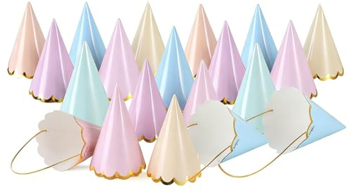 hommova 20 Pcs Party Hats, 16 x 10cm Gold trim Birthday Hat with Elastic String for Adults Kids Pets Celebration (6 Colors Mixed)