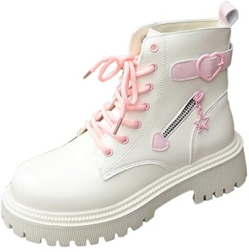 Donna, Stivali Corti alla Moda con Fibbia A Forma di Cuore Bianco da, Stivali Primaverili E Autunnali, Stivali in Pelle, Stivaletti con Tacco Basso E Lacci, St, Tessuto Elastico Morbido
