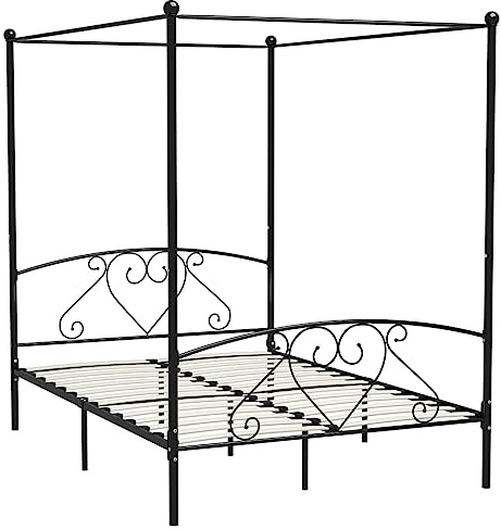 vidaXL Cadre de Lit à Baldaquin Lit Double Lit Adulte Lit Coffre Sommier à Lattes Chambre à Coucher Maison Intérieur Noir Métal 160x200 cm