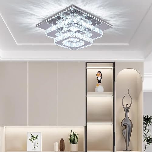 Finktonglan Crystal LED Ceiling Light, Ceiling Crystal Lamp Stainless Steel K9 Modern Flush Mount Lights Fixture Square Chandelier Ceiling Lamp for Dining Room Living Room Bedroom (Cool White)