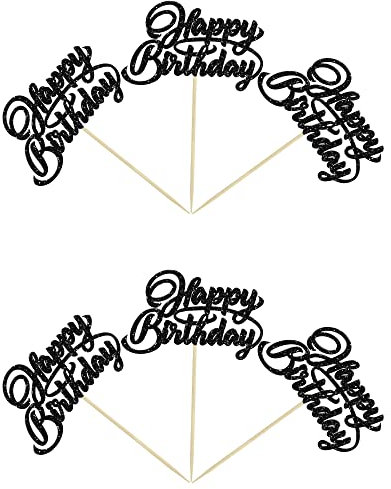 24Pcs Happy Birthday Cupcake Toppers Glitter Birthday Cupcake Food Picks for Celebrating Happy Birthday Party Cake Decorations Supplies Black