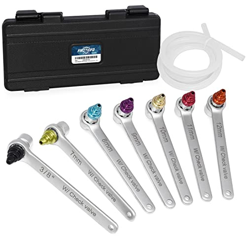 FIRSTINFO F35232 Patented Built-in One Way Check Valve Brake Bleeder Wrench Set 7-12mm & 3/8-Inch 6 Point Socket Brake Bleeding Wrench with Oil Drain Hose