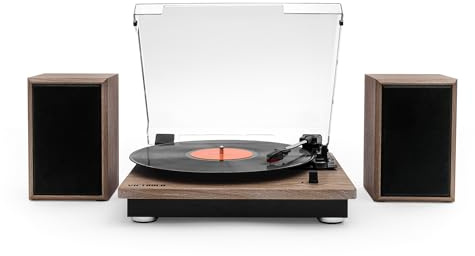 Victrola Montauk Vinyl Record Player, 3-Speed Belt Driven Turntable with Stereo Bluetooth Speaker Pair, RCA Output and 3.5mm Headphone Jack, Removable Dust Cover, Farmhouse Walnut Finish