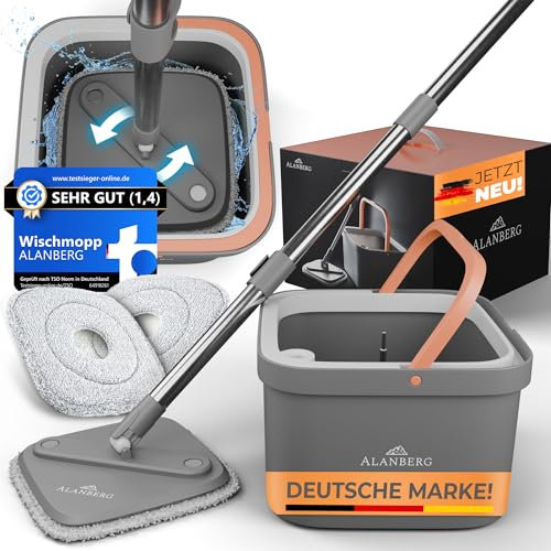 Set Fregona y Cubo con Sistema de 2 Compartimentos para Agua Limpia y Sucia, Fregona Autoescurrible con 2 Almohadillas de Microfibra, Mopa Plana de Limpieza y Fregasuelos, Gris - ALANBERG®