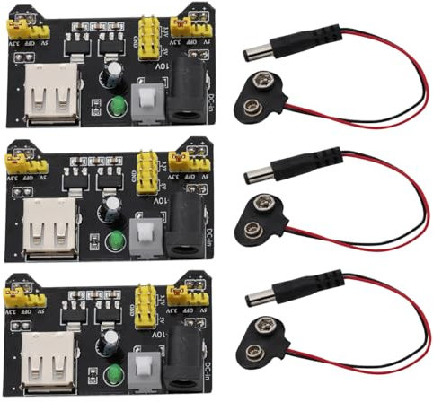Heevhas 3PCS MB102 3.3V/5V Solderless Breadboard Power Supply Module + 3PCS 9V 5.5*2.1mm DC Jack Plug Battery Clip Buckle