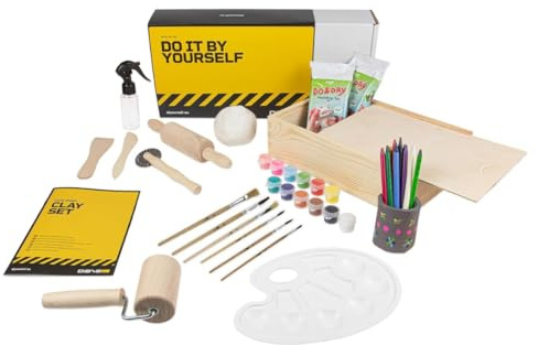 DIBYS Keramik-kit för barn | Med lufttorkande vit lera, träverktyg, färger, penslar & instruktioner | Kreativt DIY-set med box för pyssel & målning | Presentidéer för flickor & pojkar
