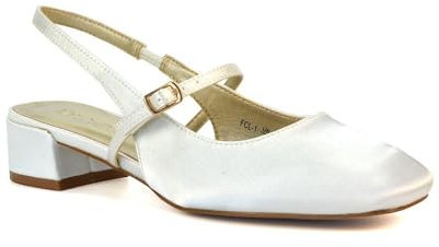 ESSEX GLAM Women's Low Block Heel Mary Jane Court Shoes Ladies Slingback Classic Square Toe Ivory Satin Party Dress Pumps Size 5