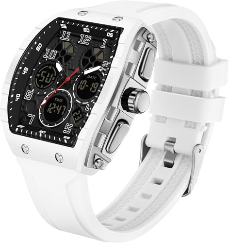 findtime Orologio da polso da uomo, digitale, analogico, impermeabile, sportivo, militare, tattico, al quarzo, con LED, cronometro, conto alla rovescia, allarme, schermo curvo, bianco, Vestito
