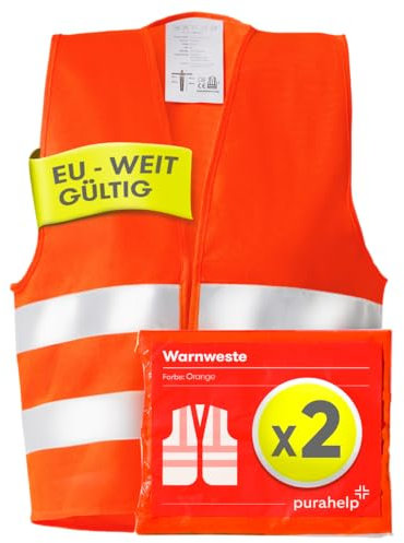 PURAHELP Warnwesten Auto 2er Set - Europaweit gültig nach EN ISO 20471 - Reflektierende Sicherheitsweste Auto Warnweste Orange - Warnschutzweste für Erwachsene