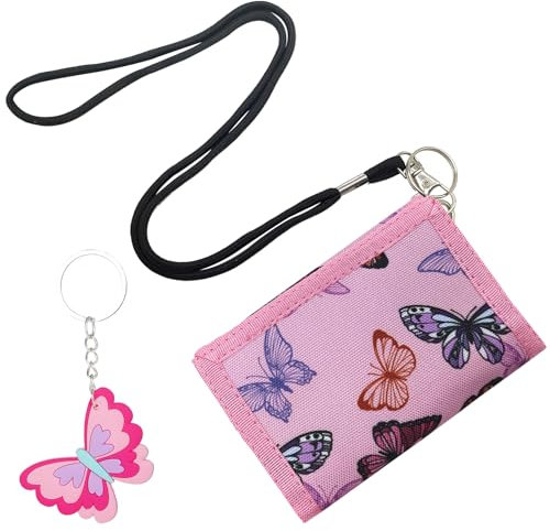Geldbeutel Kinder Mädchen,Schmetterling Brieftasche für Mädchen Kinder Geldbörse mit Lanyard Münze Taschenkartenhalter Dreifache Mädchen Brieftasche mit Schmetterling Schlüsselanhänger (Schmetterling)