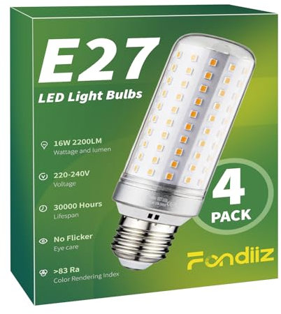 Fondiiz Lampadine LED E27 Luce Calda 3000K, 16W 2200LM Lampadina LED E27 Equivalenti a 200W Lampada Alogena, Lampade Mais LED E27 Risparmio Energetico, AC 220-240V, Non Dimmerabile, 4 Pezzi