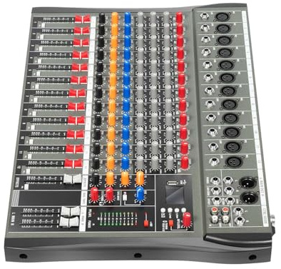 Professional Audio Mixer 12 Channel DJ Mixer Sound Board Console Stereo Sound Mixer with EQ Bluetooth USB Input 48V Phantom Power for Professional and Beginners