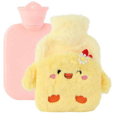 FYting Wärmflasche Kinder,800ml Mini Wärmflasche Lustig,Baby Tier,Abnehmbar Bezug, Warm Schmerzhaft, Für Kinder, Freundinnen, Familie, Zu Weihnachten, Geburtstag(Weiß Ziege) (Gelb Ente, 500ml)