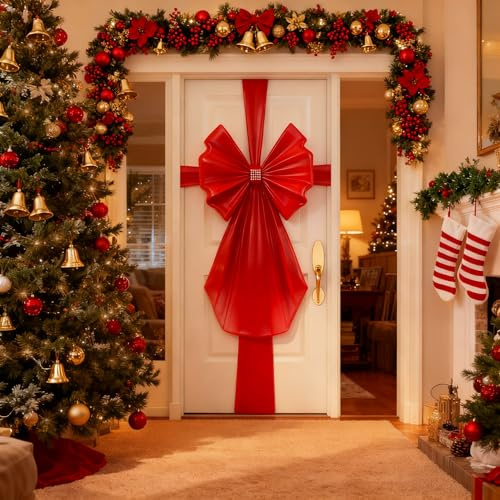 Miioto Fiocco Rosso Porta Natale, Fiocco per Porta Natalizio, Decorazione Porta Natale, Fiocco Natalizio per Porta per Albero di Natale, Camino, Decorazione Natalizia per Porte 40cm X 50cm