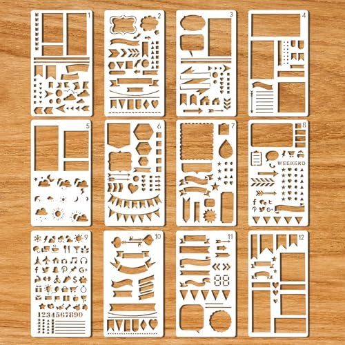 Yuomeaz 12Pcs Journal Stencils, Planner Stencils, Planner Drawing Painting Templates for Scrapbooking, Journaling Supplies