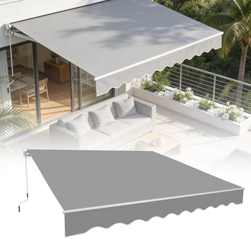 HENGMEI Auvent à bras articulés, 250 x 200 cm, protection solaire, store de terrasse, store escamotable, en aluminium avec manivelle, gris clair