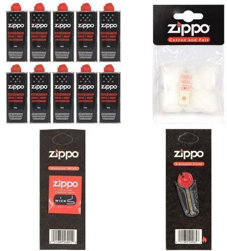 Mein Landhaus Combustible Plus Léger Zippo Lot 10x Zippo Essence Original Essence Chaque 125 ML | Starterset1x Lot de 6 Unités Silex, Lot de 1 Mèche, Lot de 1 Ouate et Feutre