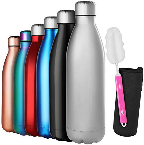 GeeRic Gourde Isotherme 1L, Gourde INOX Isotherme à Double Paroi Isolée sous Vide 12 Heures Chaudes et 24 Heures Boissons Froides Bouteilles Argent