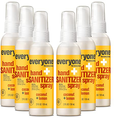 Everyone Hand Sanitizer Spray, 2 Ounce (Pack of 6), Coconut and Lemon, Made with Sugarcane Derived Alcohol with Essential Oils, 99% Effective Against Germs and TSA friendly