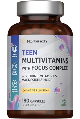 Multivitamin Tablets for Teenagers with Focus Complex | 180 Capsules | High Strength Complex with Vitamin B6, B5, Magnesium, Iron and Zinc | Vegan Supplement for Teens 13+ | By Horbaach