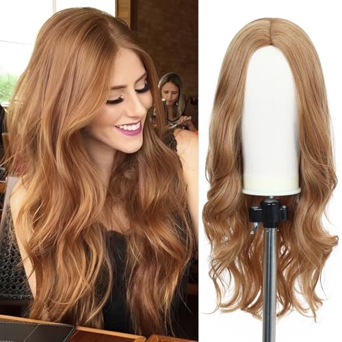 Esmee Lange Golvende Aardbei Blond Pruik voor Vrouwen Natuurlijk Synthetisch Haar Hittebestendige Pruiken voor Dagelijks Party Cosplay-24 Inches