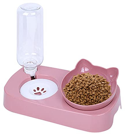 Cdemiy Cat Bowl, 15°Tilted Cat Bowl with Gravity Water bottle, Non-Slip Raised Cat bowl, Kitten Food Bowls Wet and Dry Food Feeding, for Small and Medium Pets Cats Puppies (Pink)