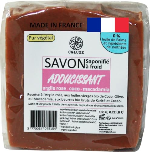 Savon adoucissant hydratant ARGILE ROSE, Coco, Macadamia, Cacao, Karité, saponifié à froid,100% naturel, artisanal, français (Lot de 1 unité)