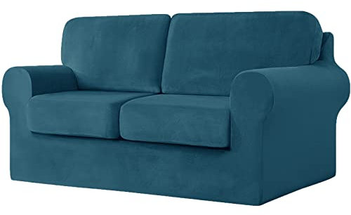 UNBBRRL 5-Piece Stretch Velvet Loveseat Cover, Sofa Slipcovers, 2 Seater Couch Slipcover With Separate Backrests And Cushions Covers With Elastic Band Anti-Slip Furniture Protector (Peacock blue)