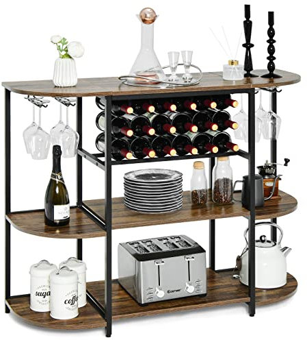 COSTWAY 120cm Weinregal mit Glashalter & Regalen, 3 Ebenen Flaschenregal, 120 x 40 x 91 cm (Vintage)