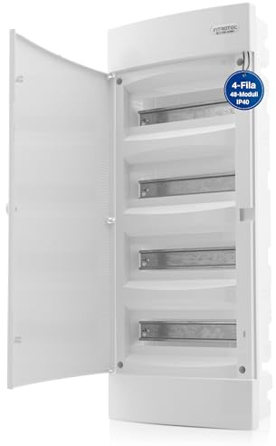 Intratec Caja de Distribución Empotrada 4 Fila – Caja de Distribución IP40 para 48 Módulos con Puerta Blanco y Riel para Instalación Eléctrica Fácil en Casa y Negocios – 676 x 283 x 106mm
