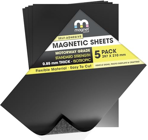 TMS Magnetiska ark självhäftande | Gör bil, taxi- eller fordonsskyltar | Använd för hantverk eller metallförvaring | stark, klibbig och flexibel | 5-pack | 0,85 mm tjock | A4 (30 × 21 cm)