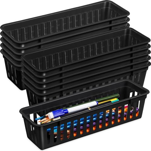 Domensi 12 Pack Slim Plastic Storage Basket Tray Organizer, Black