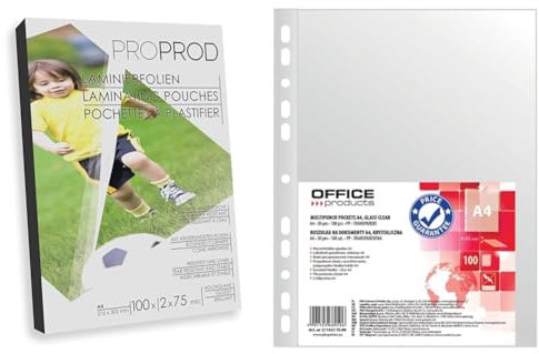 ProProd Premium Laminierfolien, 100 Stück, A4, 2 x 75 Mikrometer, hochglanz & OFFICE PRODUCTS Prospekthüllen / 100 Stück/Din A4