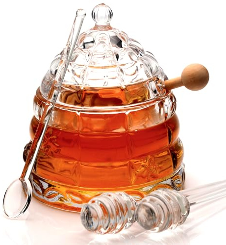 Elegant Glass Crystal Honey Jar with 2 Glass + 1 Wooden Dipper & 1 Clear Spoon | Beehive Design | 10 oz Container | Perfect for Sugar, Marmalade & Jam | Durable & Stylish Multipurpose Pot with Lid