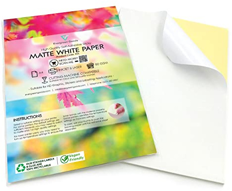 Evergreen Goods A4 White Matte Self-Adhesive Sticker Paper | 1000 Sheets | Inkjet & Laser Printers | Durable Photo Sheets | Sticky Back Printing Paper Perfect for Customisable Universal Labels