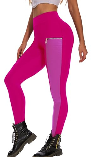 DAOAO Hot Pink Leggings for Women Faux Leather Pant Motorcycle Punk Pleather Clothes Elastic Mid Waisted Stretchy XL