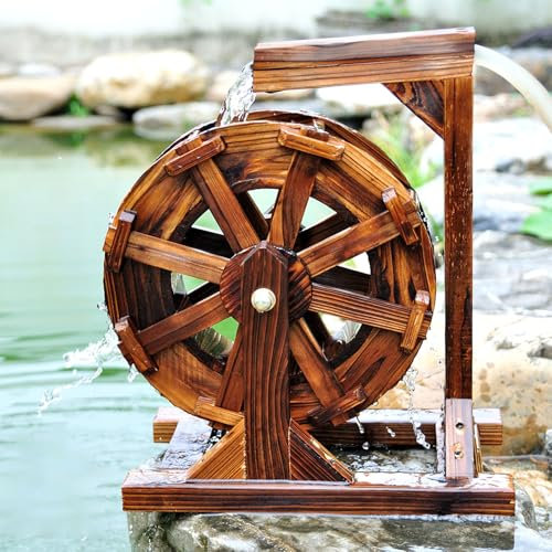 MBBTAG Fontana a Ruota d'Acqua, Fengshui Water Wheel Ruota del Mulino a Vento Acqua Ornamenti, Materiale in Legno massello, Fontana autoportante, Disponibile all'Interno e all'Esterno(60cm)
