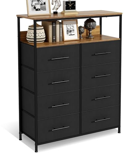 MYGIIVOVO Chest of Drawers, Dresser for Bedroom with 8 Fabric Drawers, Tall Storage Organizer Unit with 2 Layers Shelf, TV Stand with Sturdy Metal Frame (Black)
